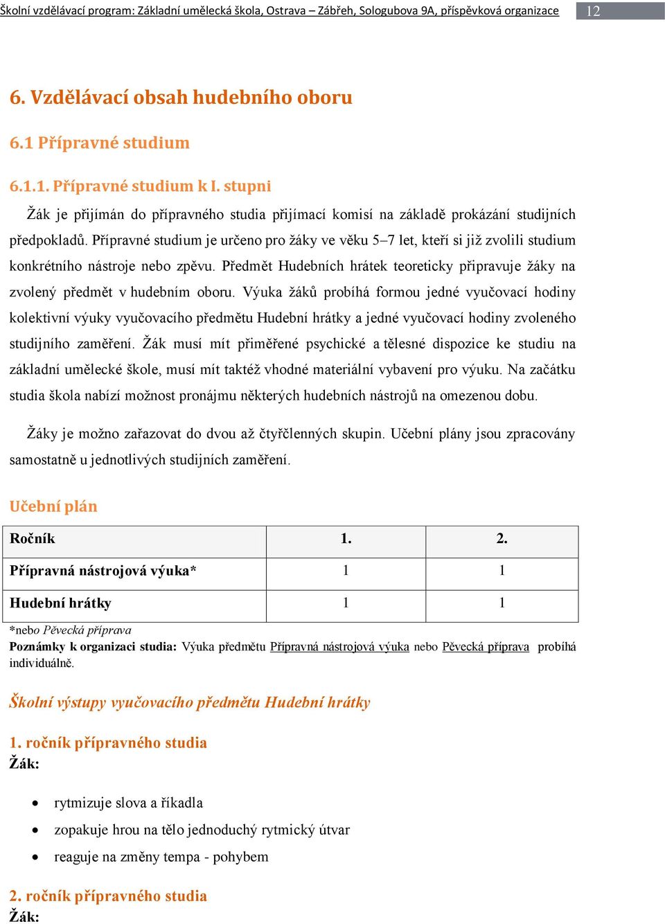 Přípravné studium je určeno pro žáky ve věku 5 7 let, kteří si již zvolili studium konkrétního nástroje nebo zpěvu.