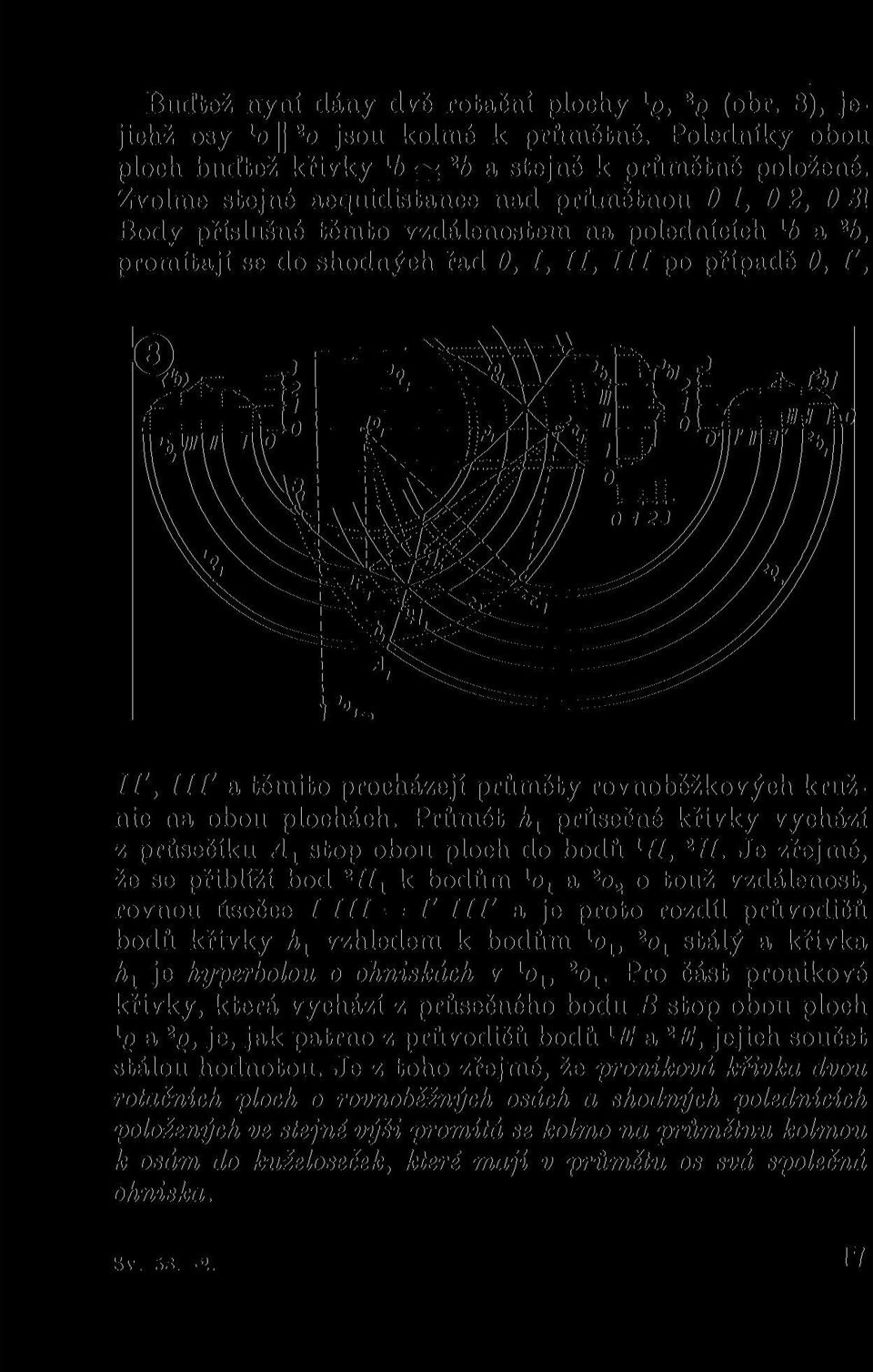 procházejí průměty rovnoběžkových kružnic na obou plochách. Průmět průsečné křivky vychází z průsečíku A í stop obou ploch do bodů 1 H, 2 H.