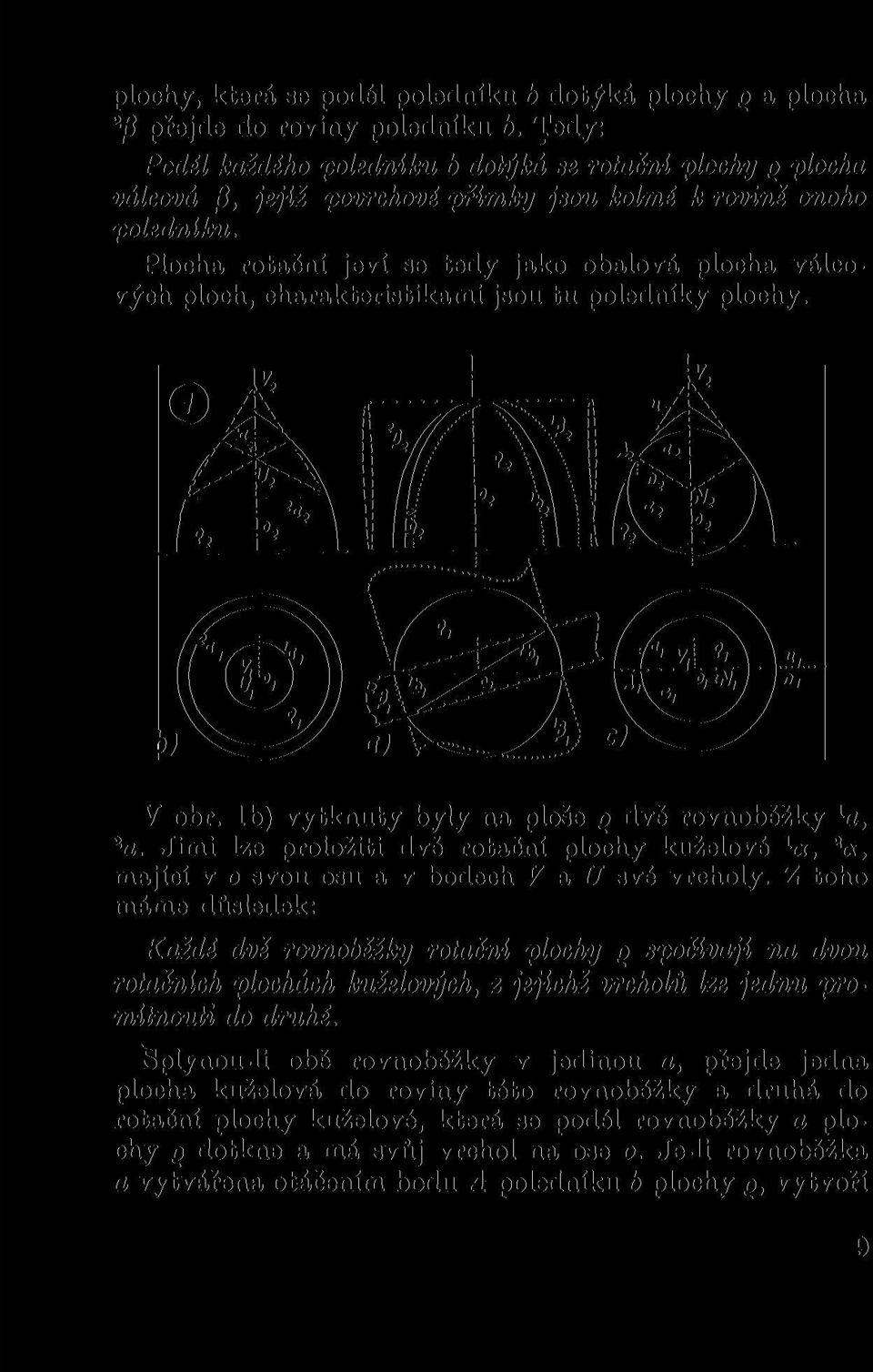 lb) vytknuty byly na ploše q dvě rovnoběžky 1 a, 2 a. Jimi lze proložiti dvě rotační plochy kuželové l a, 2 a, mající v o svou osu a v bodech V a U své vrcholy.