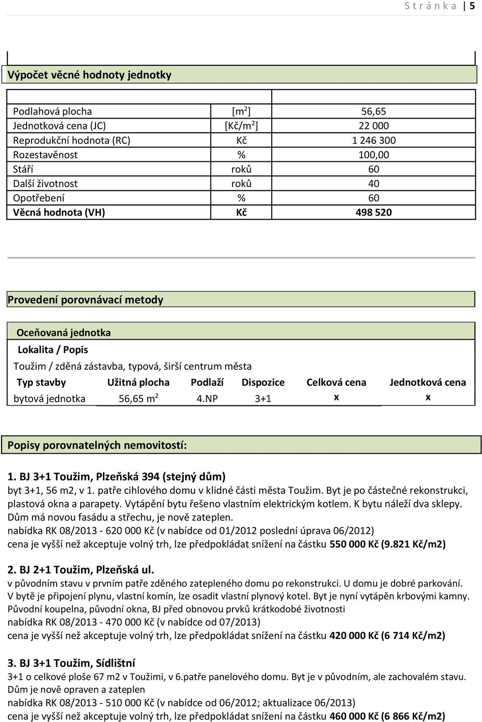 plocha Podlaží Dispozice Celková cena Jednotková cena bytová jednotka 56,65 m 2 4.NP 3+1 x x Popisy porovnatelných nemovitostí: 1. BJ 3+1 Toužim, Plzeňská 394 (stejný dům) byt 3+1, 56 m2, v 1.