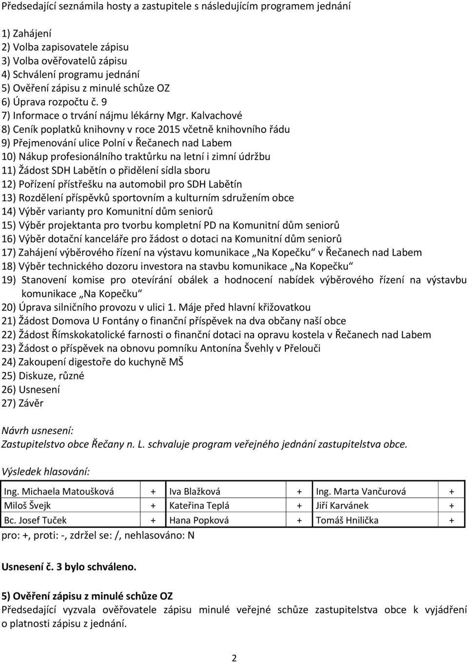 Kalvachové 8) Ceník poplatků knihovny v roce 2015 včetně knihovního řádu 9) Přejmenování ulice Polní v Řečanech nad Labem 10) Nákup profesionálního traktůrku na letní i zimní údržbu 11) Žádost SDH