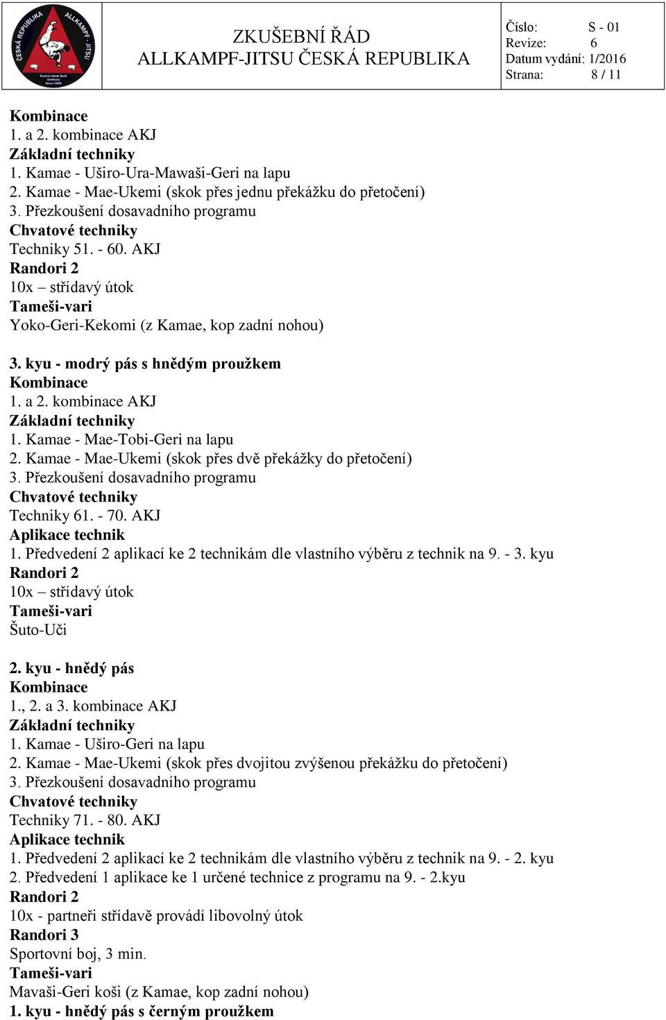 Kamae - Mae-Ukemi (skok přes dvě překážky do přetočení) 3. Přezkoušení dosavadního programu Techniky 61. - 70. AKJ Aplikace technik 1.