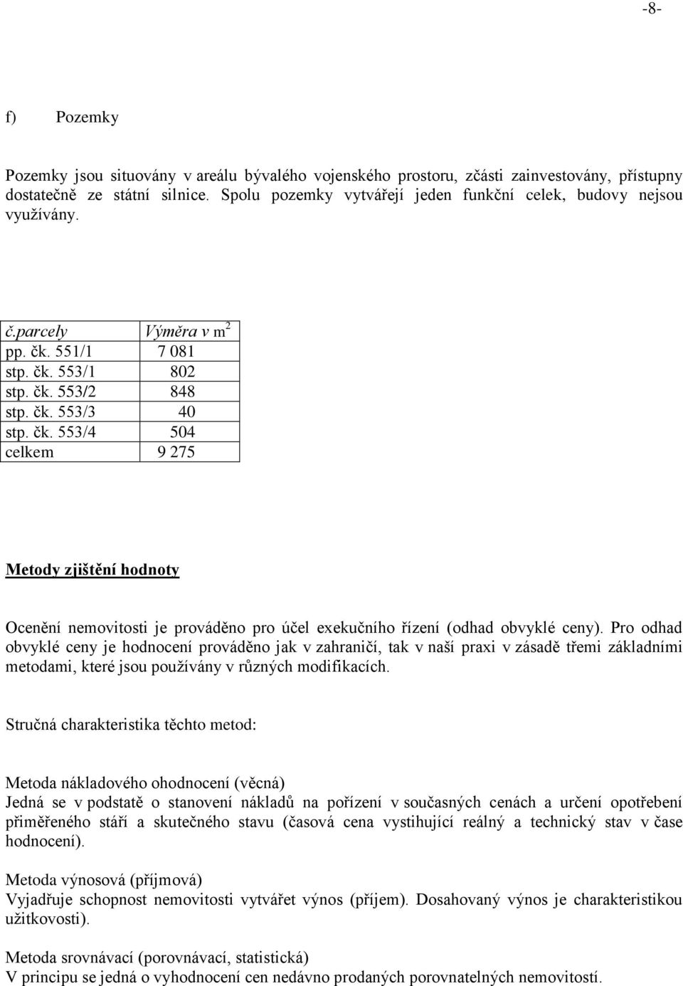 551/1 7 081 stp. čk. 553/1 802 stp. čk. 553/2 848 stp. čk. 553/3 40 stp. čk. 553/4 504 celkem 9 275 Metody zjištění hodnoty Ocenění nemovitosti je prováděno pro účel exekučního řízení (odhad obvyklé ceny).