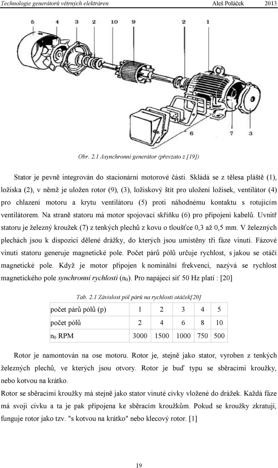 rotujícím ventilátorem. Na straně statoru má motor spojovací skříňku (6) pro připojení kabelů. Uvnitř statoru je železný kroužek (7) z tenkých plechů z kovu o tloušťce 0,3 až 0,5 mm.