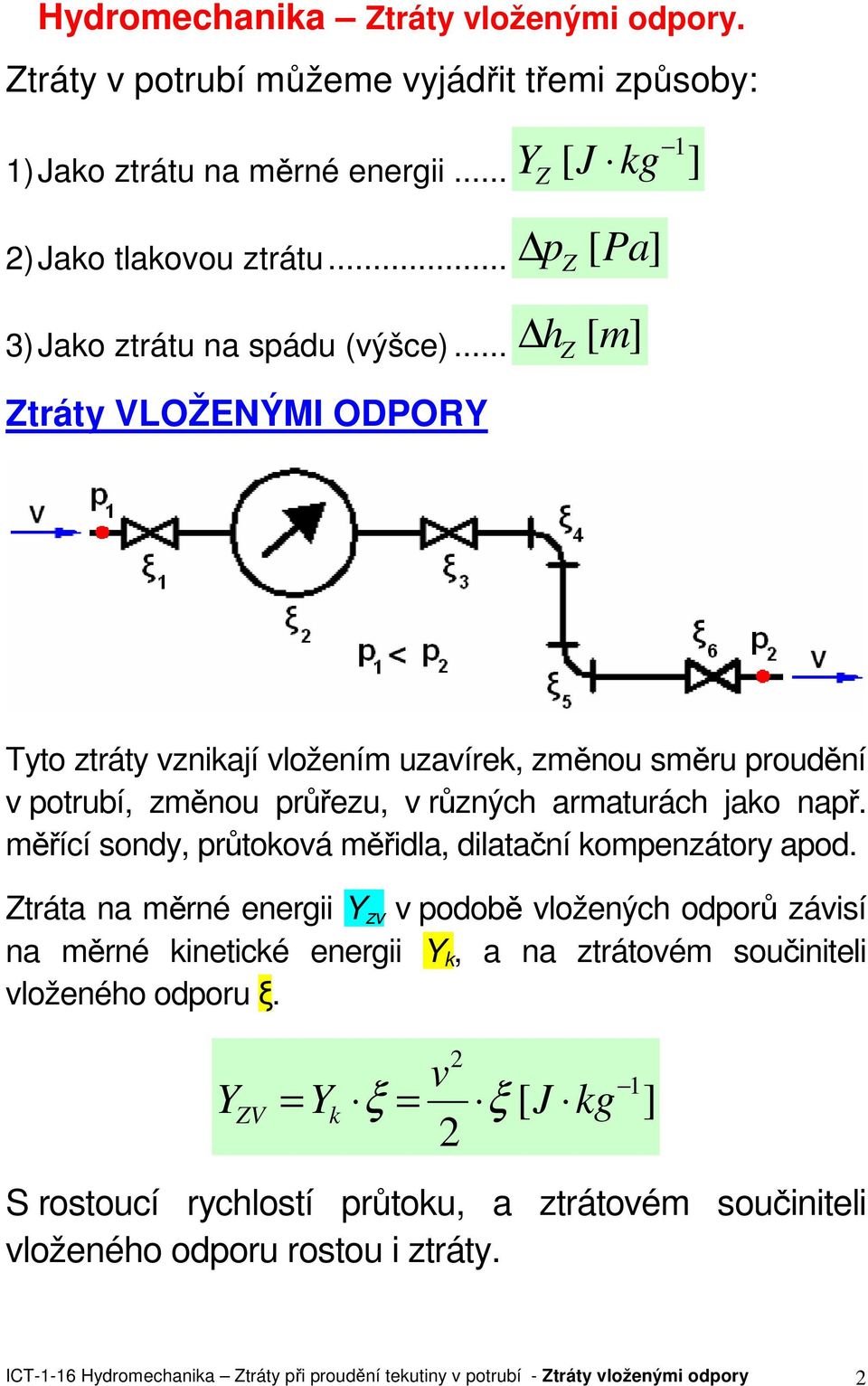 .. m Ztráty VLOŽENÝMI ODPORY h Z Tyto ztráty znikají ložením uzaírek, změnou směru proudění potrubí, změnou průřezu, různých armaturách jako např.