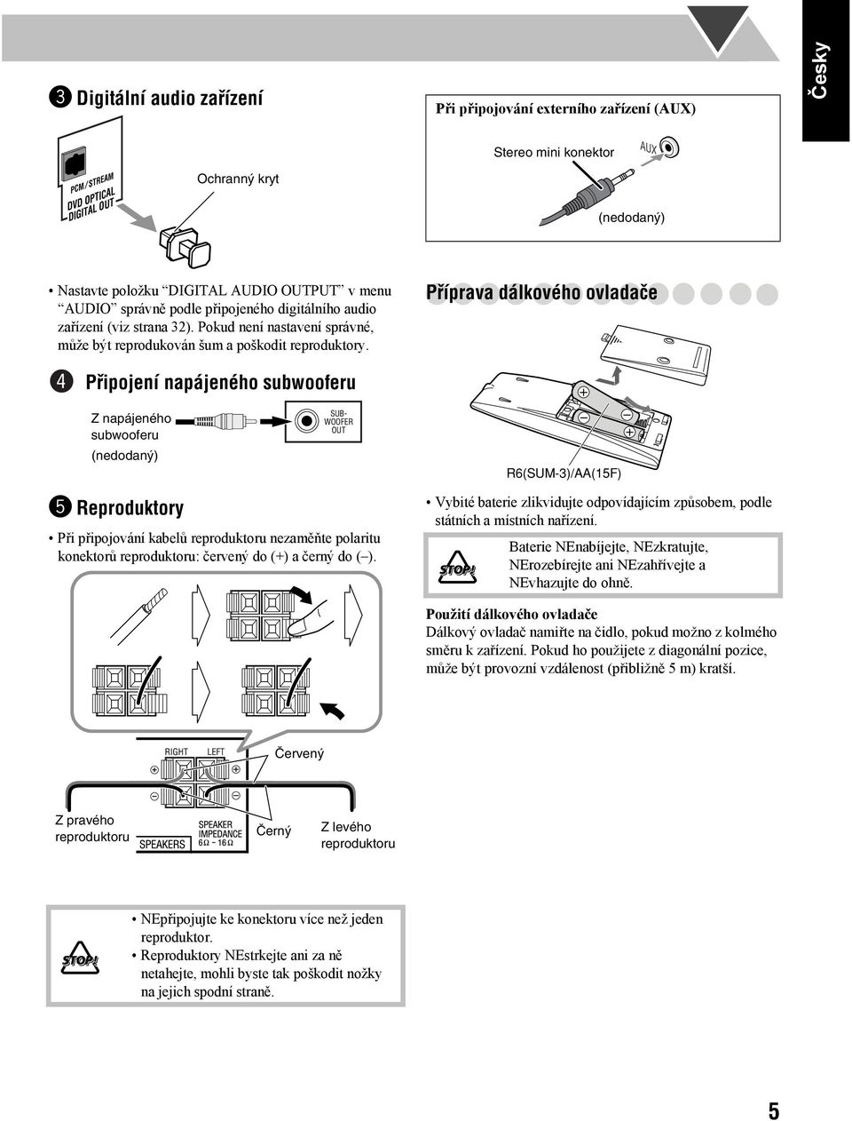 Příprava dálkového ovladače Připojení napájeného subwooferu Z napájeného subwooferu (nedodaný) SUB- WOOFER OUT R6(SUM-3)/AA(15F) @ Reproduktory Při připojování kabelů reproduktoru nezaměňte polaritu