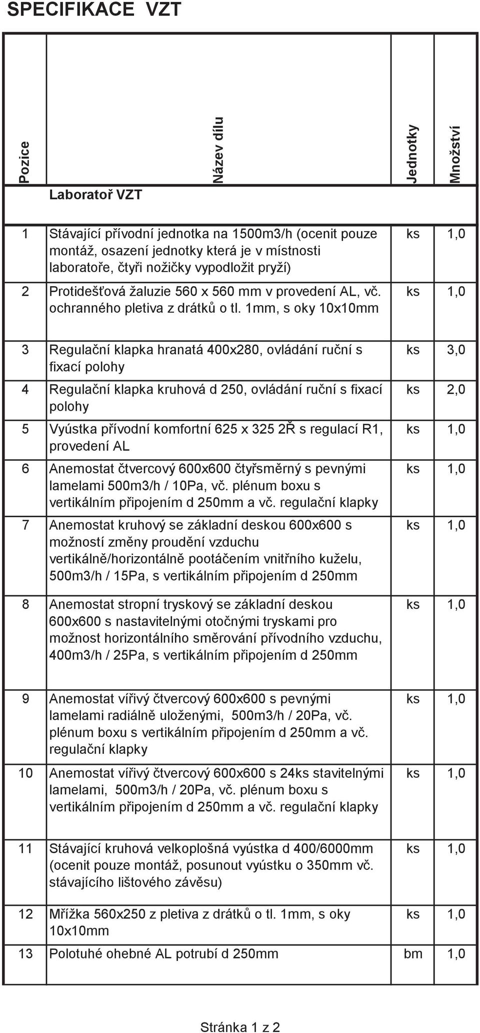 1mm, s oky 10x10mm 3 Regulaní klapka hranatá 400x280, ovládání runí s fixací polohy 4 Regulaní klapka kruhová d 250, ovládání runí s fixací polohy 5 Vyústka pívodní komfortní 625 x 325 2 s regulací