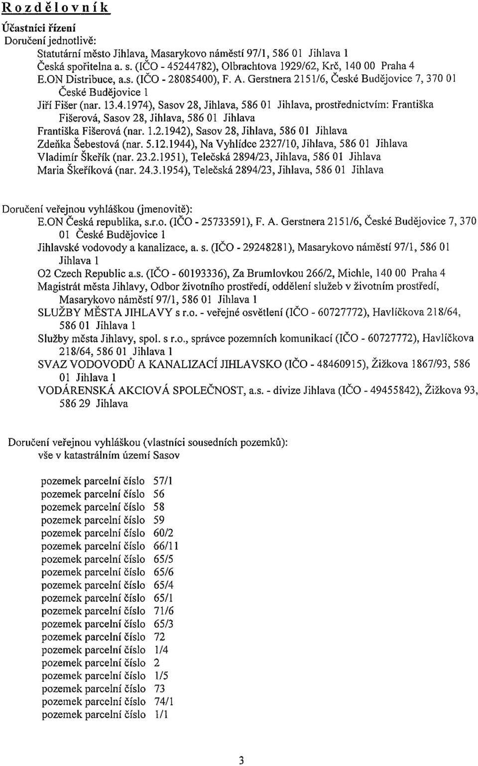 1.2.1942), Sasov 28, Jihlava, 586 01 Jihlava Zdeňka Sebestová (nar. 5.12.1944), Na Vyhlídce 2327/10, Jihlava, 586 01 Jihlava Vladimír Skeřík (nar. 23.2.1951), Telečská 2894/23, Jihlava, 58601 Jihlava Maria Skeříková (nar.