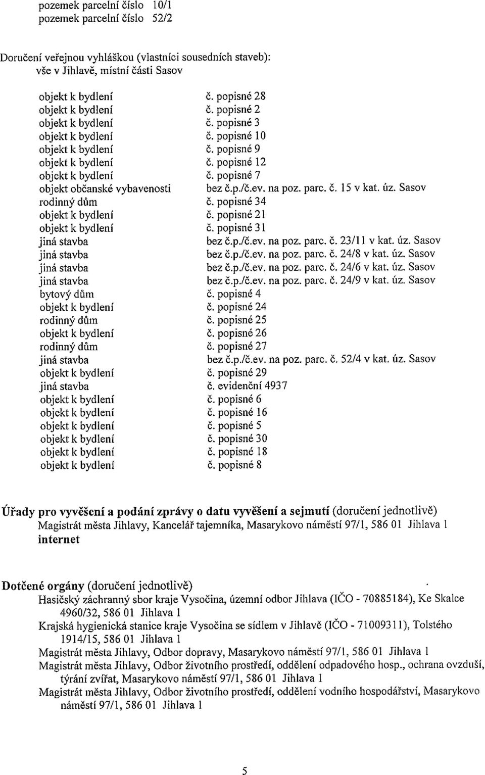 ev. na poz. parc. č. 15v kat. úz. Sasov rodinný dům č. popisné 34 objekt k bydlení č. popisné 21 objekt k bydlení č. popisné 31 bez č.p./č.ev. na poz. parc. č. 23/11 v kat. úz. Sasov bez č.p./č.ev. na poz. parc. č. 24/8 v kat.