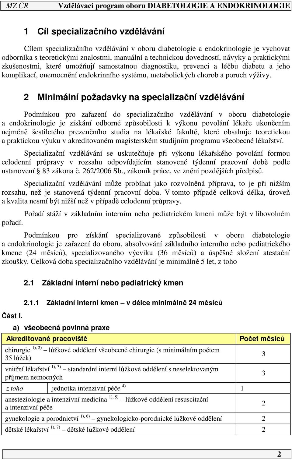 2 Minimální požadavky na specializační vzdělávání Podmínkou pro zařazení do specializačního vzdělávání v oboru diabetologie a endokrinologie je získání odborné způsobilosti k výkonu povolání lékaře