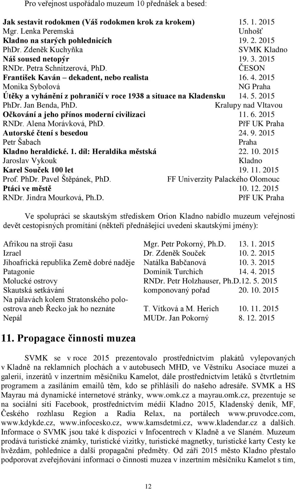 2015 Monika Sybolová NG Praha Útěky a vyhánění z pohraničí v roce 1938 a situace na Kladensku 14. 5. 2015 PhDr. Jan Benda, PhD. Kralupy nad Vltavou Očkování a jeho přínos moderní civilizaci 11. 6.