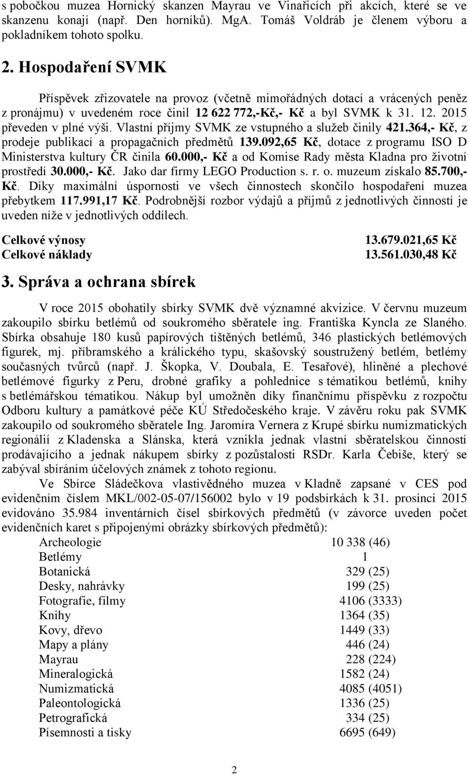 Vlastní příjmy SVMK ze vstupného a služeb činily 421.364,- Kč, z prodeje publikací a propagačních předmětů 139.092,65 Kč, dotace z programu ISO D Ministerstva kultury ČR činila 60.