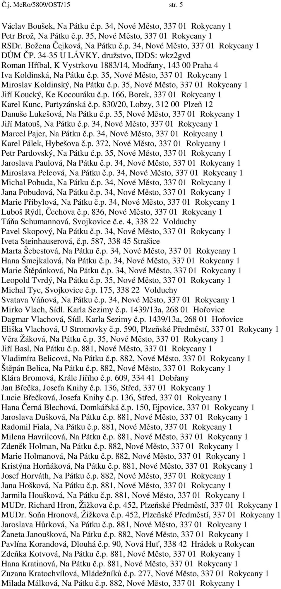 p. 166, Borek, 337 01 Rokycany 1 Karel Kunc, Partyzánská č.p. 830/20, Lobzy, 312 00 Plzeň 12 Danuše Lukešová, Na Pátku č.p. 35, Nové Město, 337 01 Rokycany 1 Jiří Matouš, Na Pátku č.p. 34, Nové Město, 337 01 Rokycany 1 Marcel Pajer, Na Pátku č.