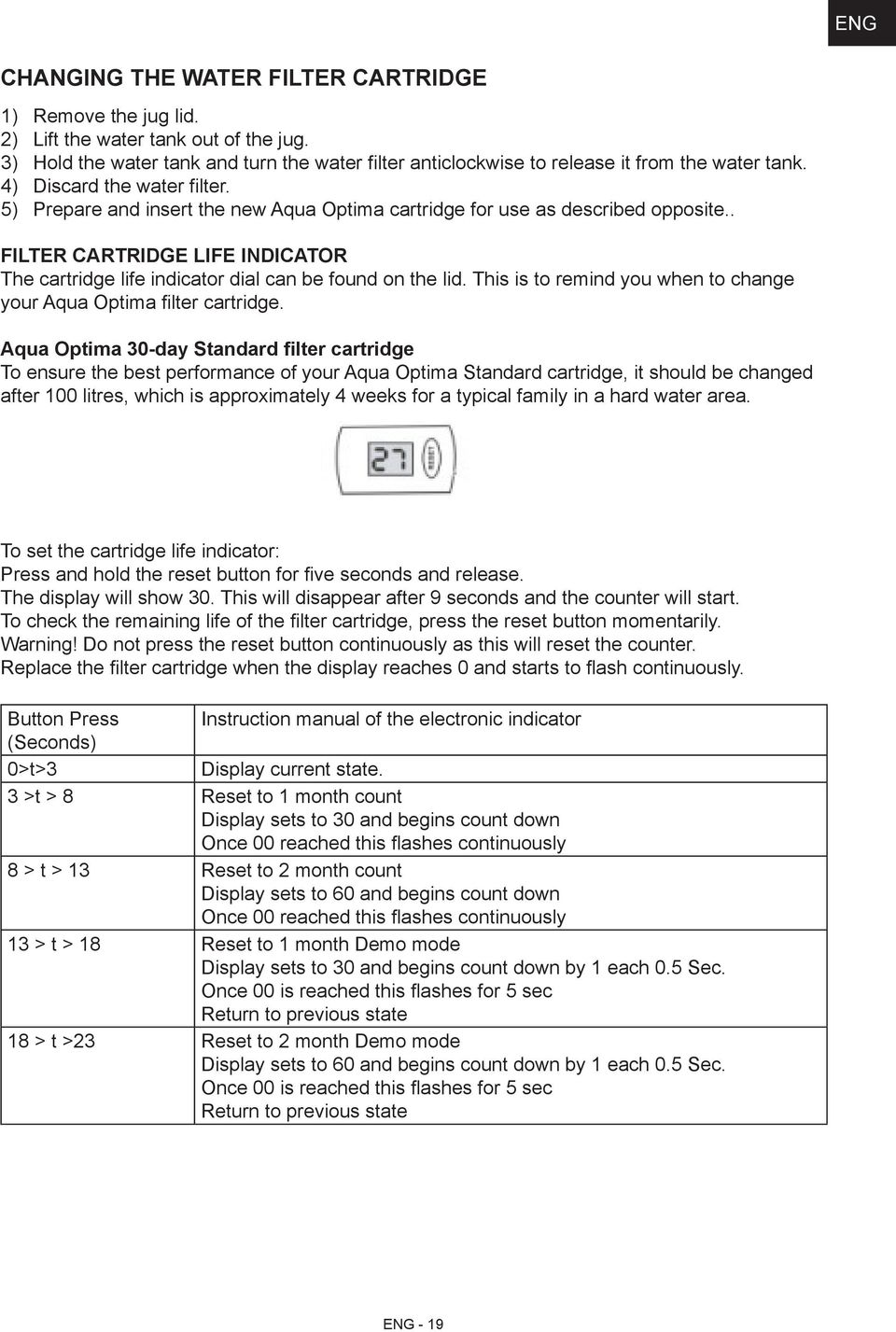 . Filter cartridge life indicator The cartridge life indicator dial can be found on the lid. This is to remind you when to change your Aqua Optima filter cartridge.