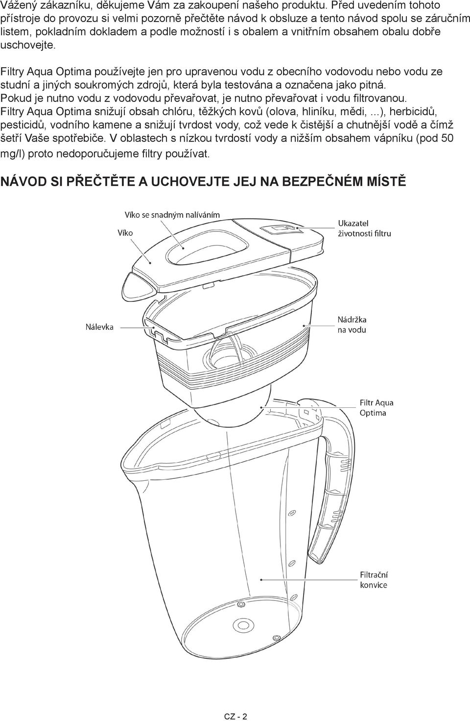 dobře uschovejte. Filtry Aqua Optima používejte jen pro upravenou vodu z obecního vodovodu nebo vodu ze studní a jiných soukromých zdrojů, která byla testována a označena jako pitná.