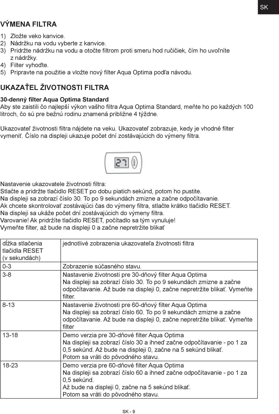 Ukazaťel Životnosti filtra 30-denný filter Aqua Optima Standard Aby ste zaistili čo najlepší výkon vašho filtra Aqua Optima Standard, meňte ho po každých 100 litroch, čo sú pre bežnú rodinu znamená