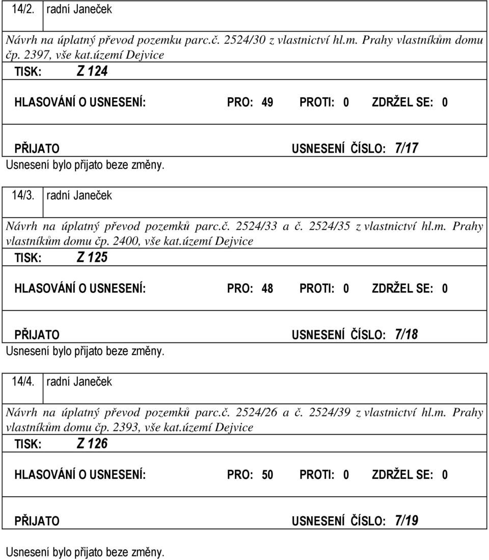 2524/35 z vlastnictví hl.m. Prahy vlastníkům domu čp. 2400, vše kat.území Dejvice TISK: Z 125 HLASOVÁNÍ O USNESENÍ: PRO: 48 PROTI: 0 ZDRŽEL SE: 0 PŘIJATO USNESENÍ ČÍSLO: 7/18 14/4.