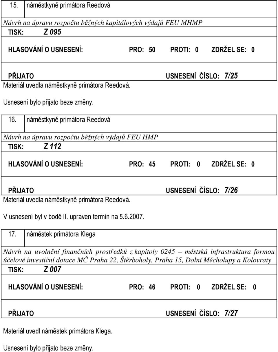 náměstkyně primátora Reedová Návrh na úpravu rozpočtu běžných výdajů FEU HMP TISK: Z 112 HLASOVÁNÍ O USNESENÍ: PRO: 45 PROTI: 0 ZDRŽEL SE: 0 PŘIJATO USNESENÍ ČÍSLO: 7/26 Materiál uvedla náměstkyně