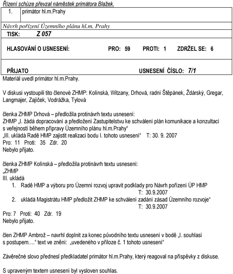 V diskusi vystoupili tito členové ZHMP: Kolínská, Witzany, Drhová, radní Štěpánek, Ždárský, Gregar, Langmajer, Zajíček, Vodrážka, Tylová členka ZHMP Drhová předložila protinávrh textu usnesení: ZHMP