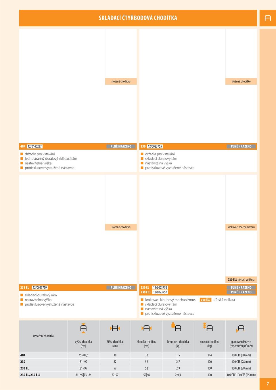 protiskluzové vyztužené nástavce 230 EL 12/0023756 PLNĚ HRAZENO 230 ELJ 12/0023757 PLNĚ HRAZENO krokovací kloubový mechanizmus skládací duralový rám protiskluzové vyztužené nástavce 230 ELJ dětská