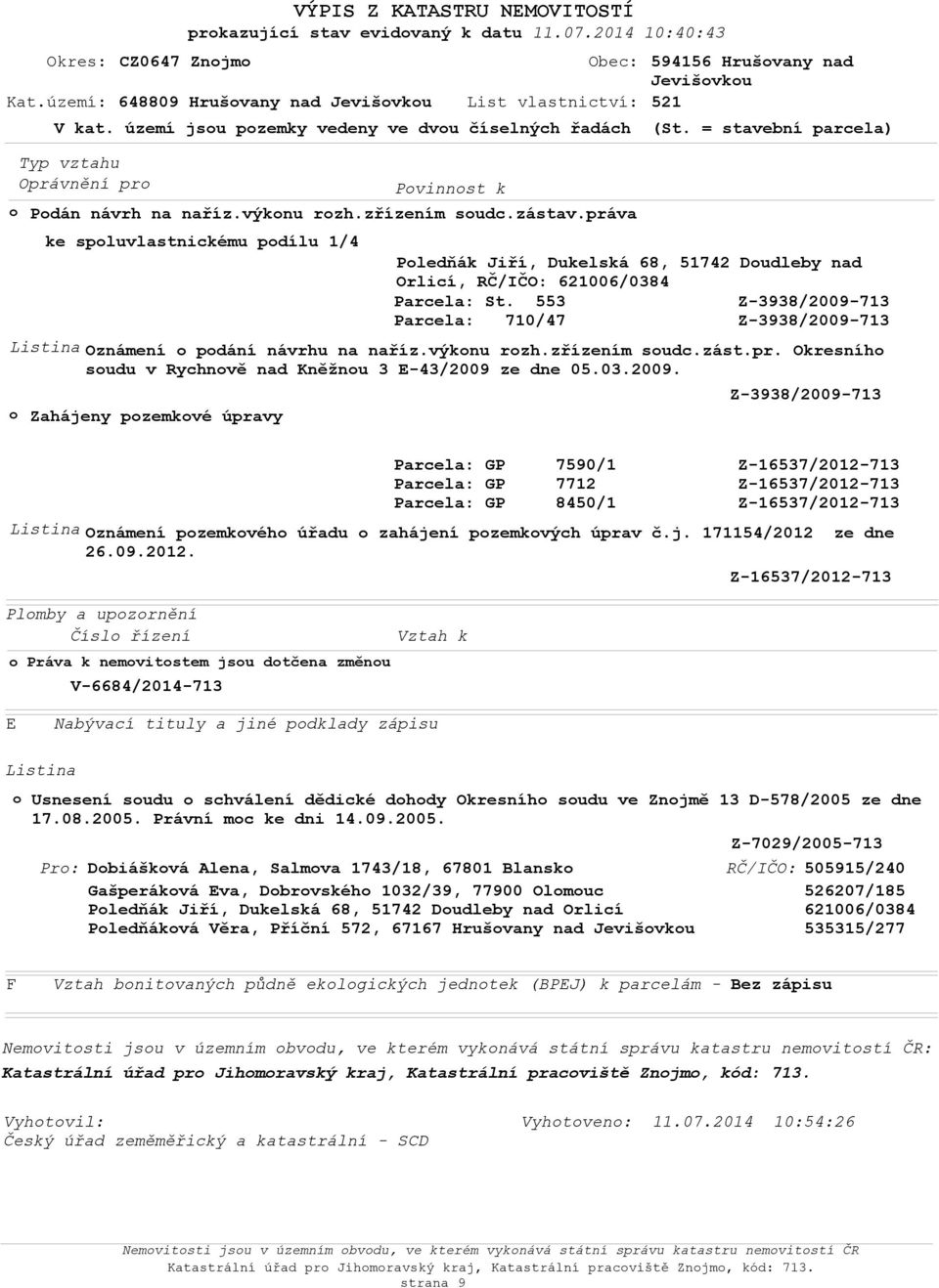 území jsu pzemky vedeny ve dvu číselných řadách (St. = stavební parcela) ke spluvlastnickému pdílu 1/4 Oznámení pdání návrhu na naříz.výknu rzh.zřízením sudc.zást.pr.