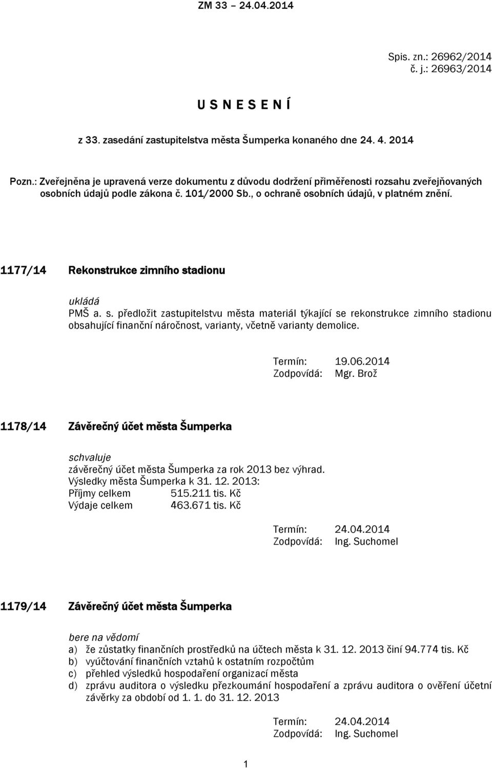 1177/14 Rekonstrukce zimního stadionu ukládá PMŠ a. s. předložit zastupitelstvu města materiál týkající se rekonstrukce zimního stadionu obsahující finanční náročnost, varianty, včetně varianty demolice.