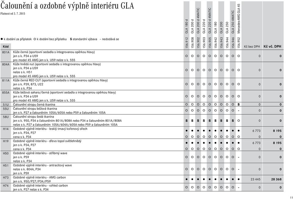 P39, 873, U22 0 0 nelze s k. P34 855A Kůže béžová sahara/černá (sportovní sedadla s integrovanou opěrkou hlavy) jen s k. P34 a U59 0 0 pro model 45 AMG jen s k. U59 nelze s k.