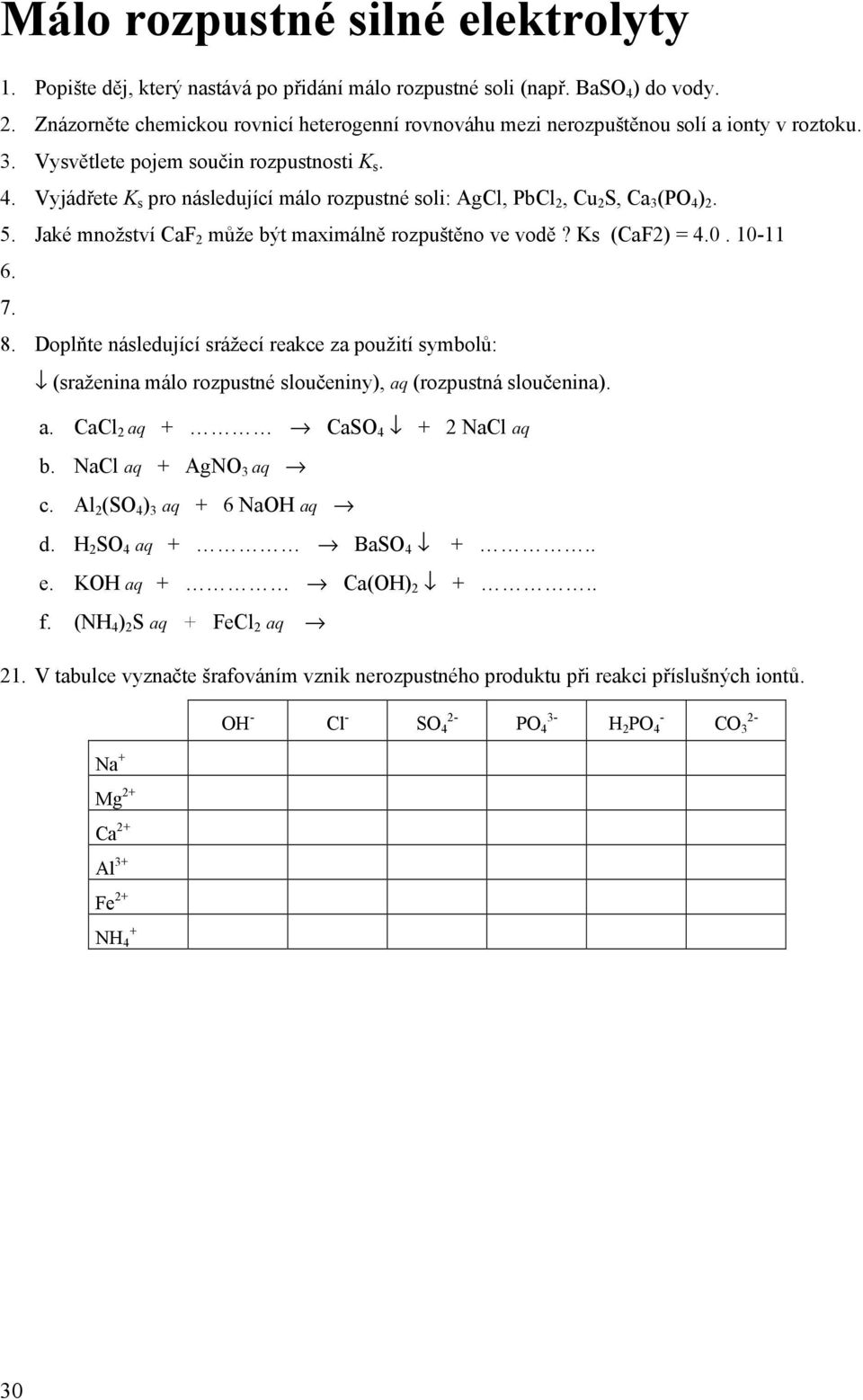 Vyjádřete K s pro následující málo rozpustné soli: AgCl, PbCl 2, Cu 2 S, Ca 3 (P 4 ) 2. 5. Jaké množství CaF 2 může být maximálně rozpuštěno ve vodě? Ks (CaF2) = 4.0. 10-11 6. 7. 8.