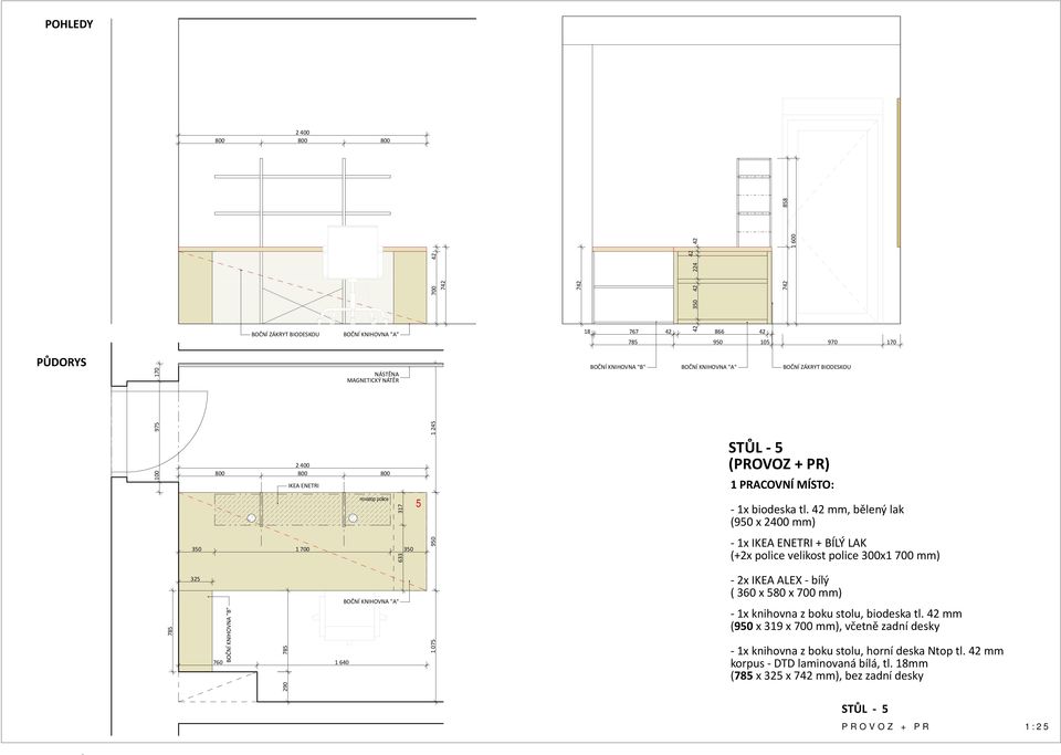 mm, (950 x 400 mm) - x IKEA ENETRI + BÍLÝ LAK (+x velikost 300x mm) - x knihovna z boku stolu, biodeska tl.