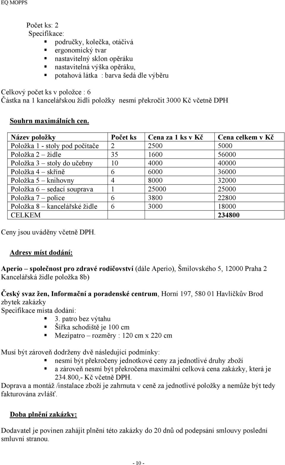 Název Počet ks Cena za ks v Kč Cena celkem v Kč Položka - stoly pod počítače 2 2500 5000 Položka 2 židle 35 600 56000 Položka 3 stoly do učebny 0 4000 40000 Položka 4 skříně 6 6000 36000 Položka 5