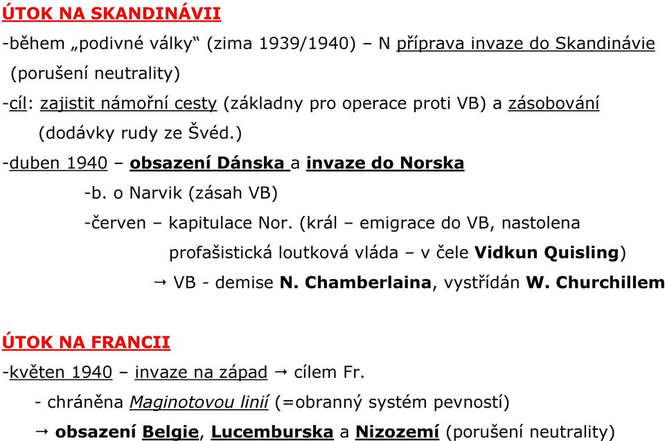 (král emigrace do VB, nastolena profašistická loutková vláda v čele Vidkun Quisling) VB - demise N. Chamberlaina, vystřídán W.