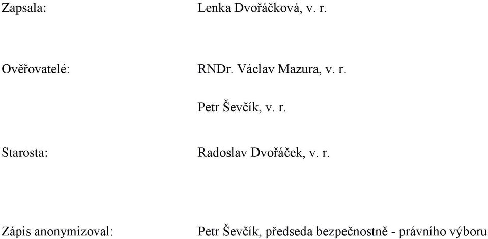 Petr Ševčík, v. r. Starosta: Radoslav Dvořáček, v.