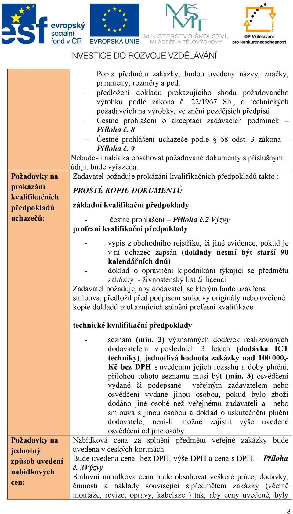 , o technických požadavcích na výrobky, ve znění pozdějších předpisů Čestné prohlášení o akceptaci zadávacích podmínek Příloha č. 8 Čestné prohlášení uchazeče podle 68 odst. 3 zákona Příloha č.