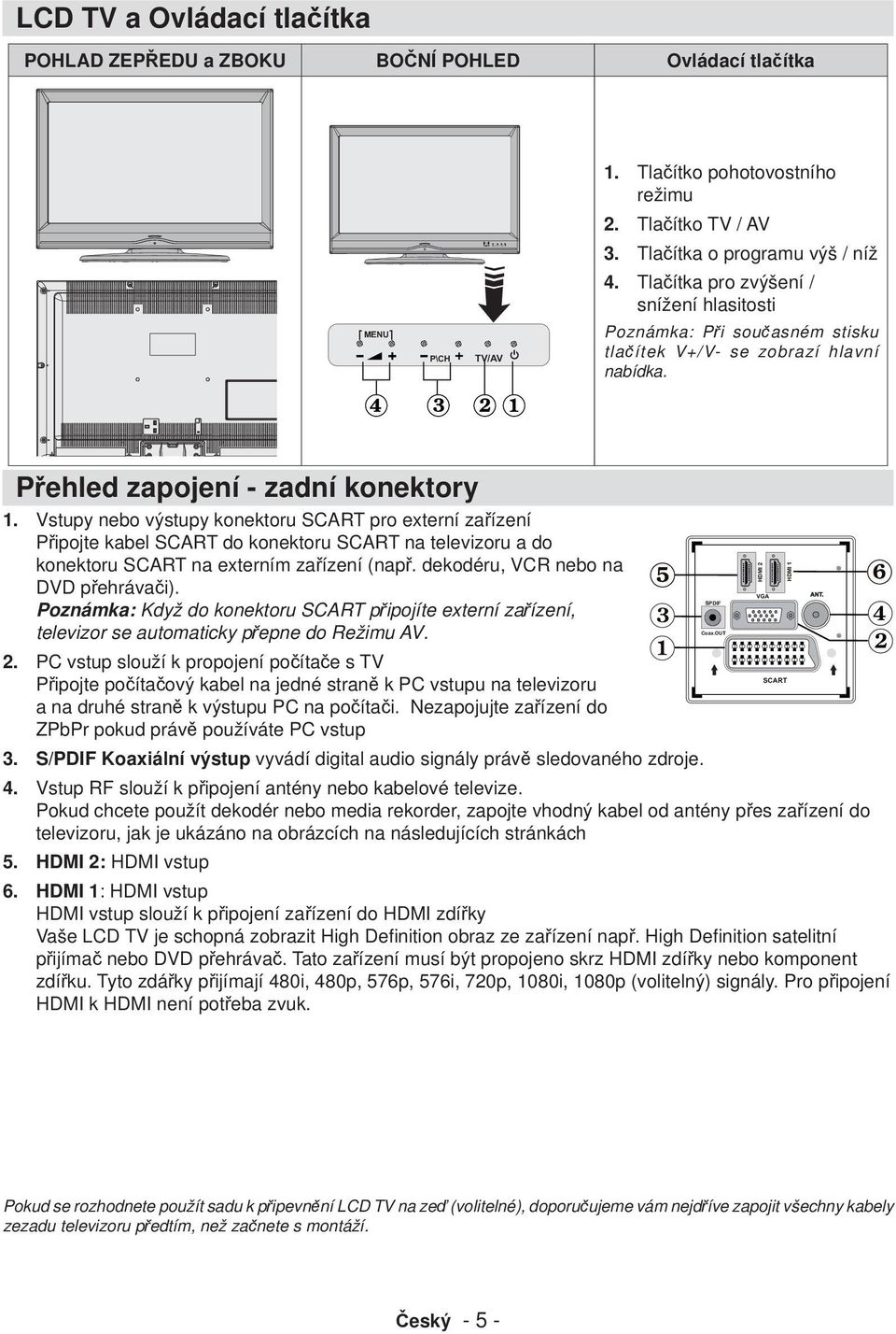 Vstupy nebo výstupy konektoru SCART pro externí zařízení Připojte kabel SCART do konektoru SCART na televizoru a do konektoru SCART na externím zařízení (např. dekodéru, VCR nebo na DVD přehrávači).