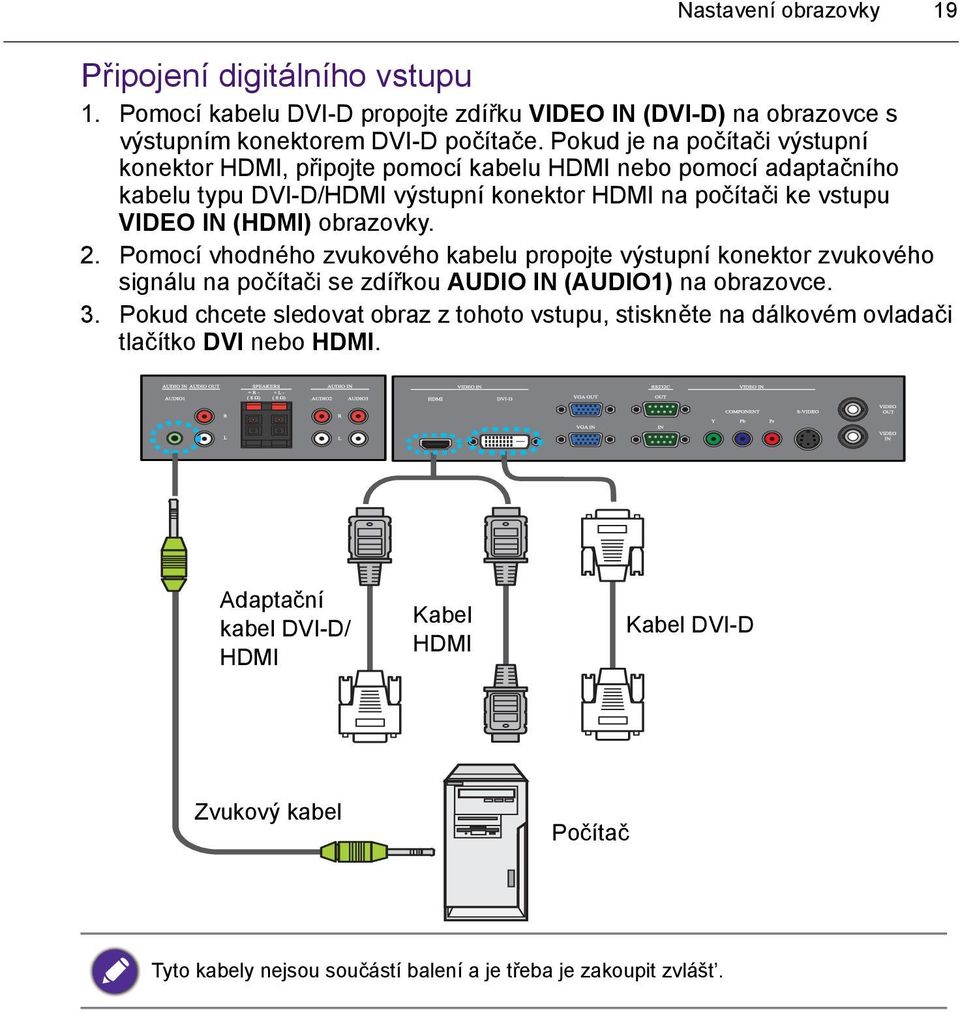 obrazovky. 2. Pomocí vhodného zvukového kabelu propojte výstupní konektor zvukového signálu na počítači se zdířkou AUDIO IN (AUDIO1) na obrazovce. 3.
