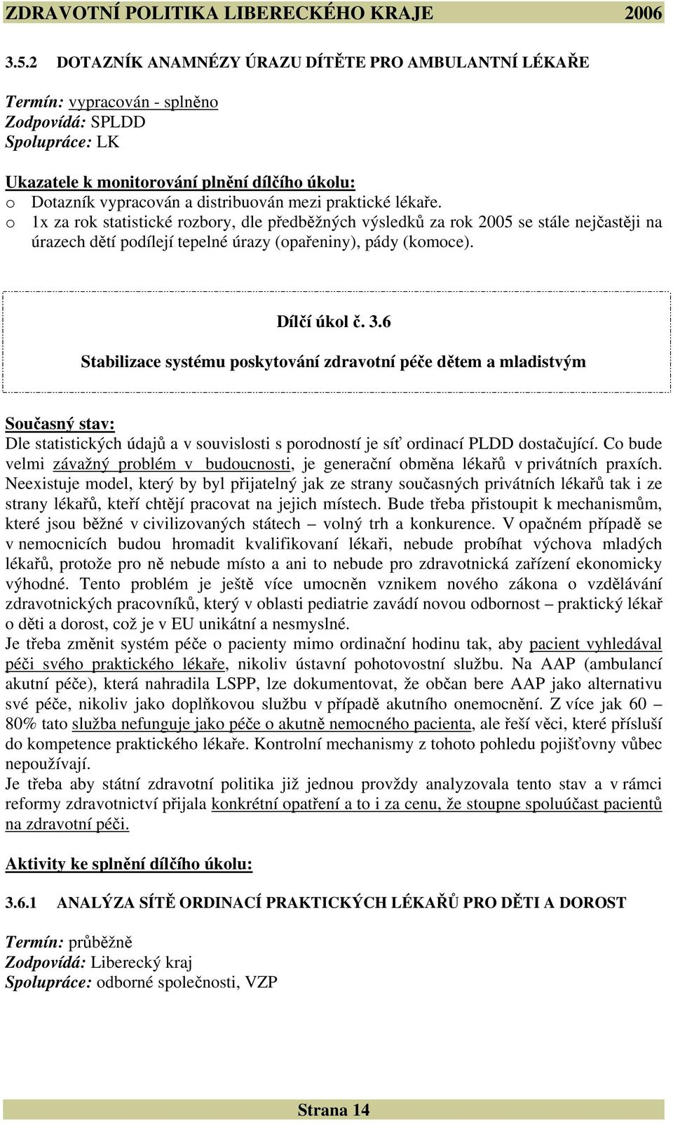 Dílčí úkol č. 3.6 Stabilizace systému poskytování zdravotní péče dětem a mladistvým Současný stav: Dle statistických údajů a v souvislosti s porodností je síť ordinací PLDD dostačující.