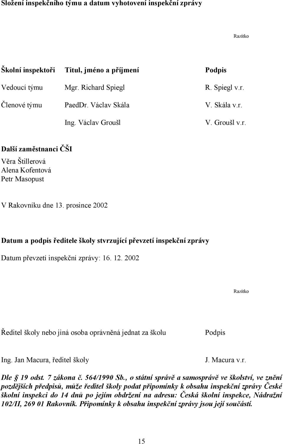 prosince 2002 Datum a podpis ředitele školy stvrzující převzetí inspekční zprávy Datum převzetí inspekční zprávy: 16. 12.