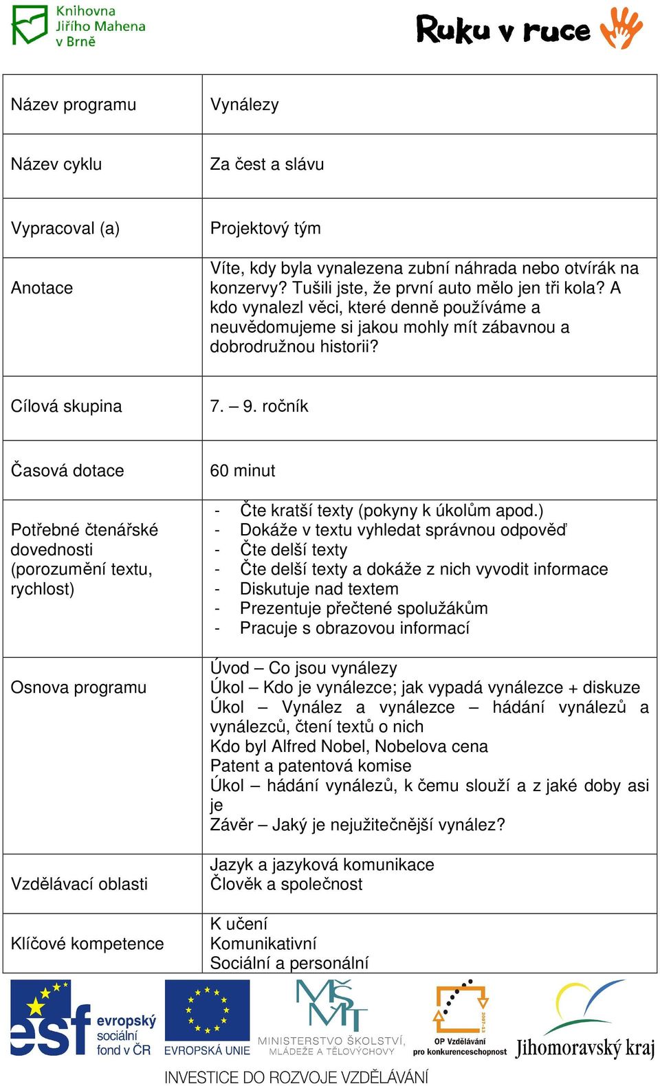 ročník Časová dotace Potřebné čtenářské dovednosti (porozumění textu, rychlost) Osnova programu Vzdělávací oblasti Klíčové kompetence 60 minut - Čte kratší texty (pokyny k úkolům apod.