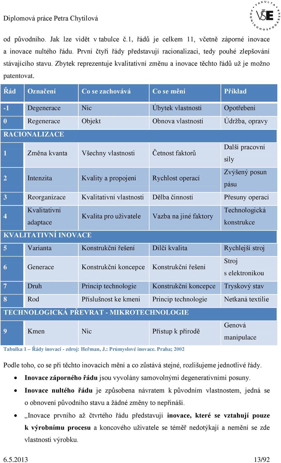 Řád Označení Co se zachovává Co se mění Příklad -1 Degenerace Nic Úbytek vlastností Opotřebení 0 Regenerace Objekt Obnova vlastností Údržba, opravy RACIONALIZACE 1 Změna kvanta Všechny vlastnosti