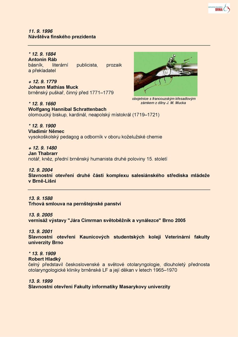 1480 Jan Thabrarr notář, kněz, přední brněnský humanista druhé poloviny 15. století 12. 9. 2004 Slavnostní otevření druhé části komplexu salesiánského střediska mládeže v Brně-Líšni 13. 9. 1588 Trhová smlouva na pernštejnské panství 13.