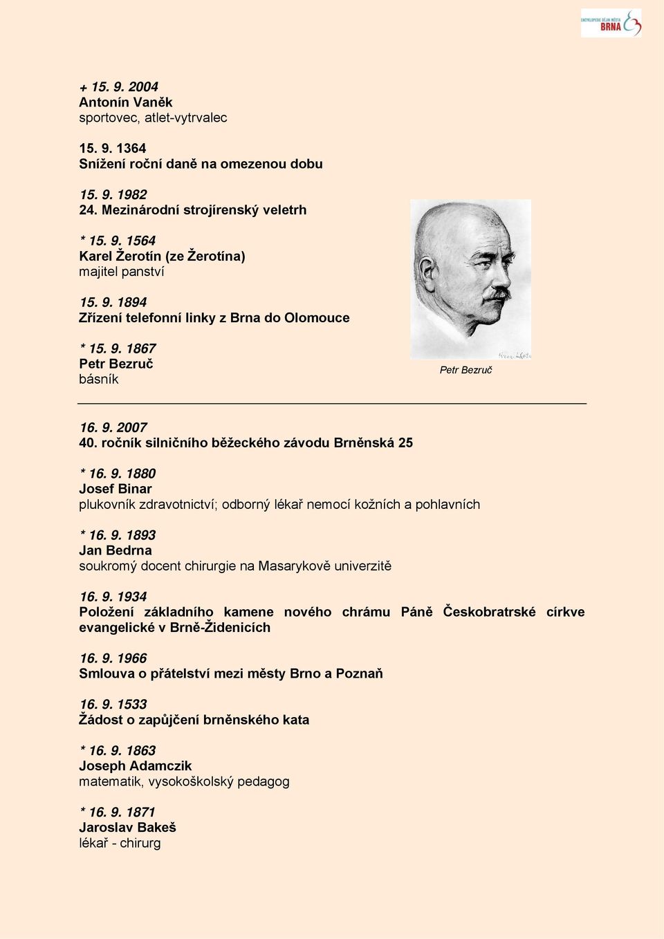 9. 1893 Jan Bedrna soukromý docent chirurgie na Masarykově univerzitě 16. 9. 1934 Položení základního kamene nového chrámu Páně Českobratrské církve evangelické v Brně-Židenicích 16. 9. 1966 Smlouva o přátelství mezi městy Brno a Poznaň 16.