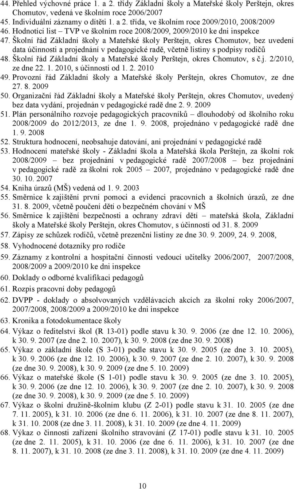 Školní řád Základní školy a Mateřské školy Perštejn, okres Chomutov, bez uvedení data účinnosti a projednání v pedagogické radě, včetně listiny s podpisy rodičů 48.