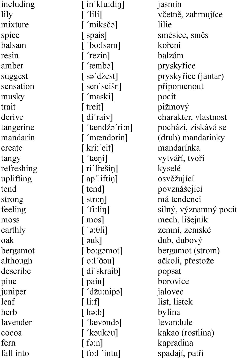 [ mændərin] [ kri: eit] [ tæŋi] [ ri frešiŋ] [ ap liftiŋ] [ tend] [ stroŋ] [ fi:liŋ] [ mos] [ ə:θli] [ əuk] [ bə:gəmot] [ o:l ðəu] [ di skraib] [ pain] [ džu:nipə] [ li:f] [ hə:b] [ lævəndə] [