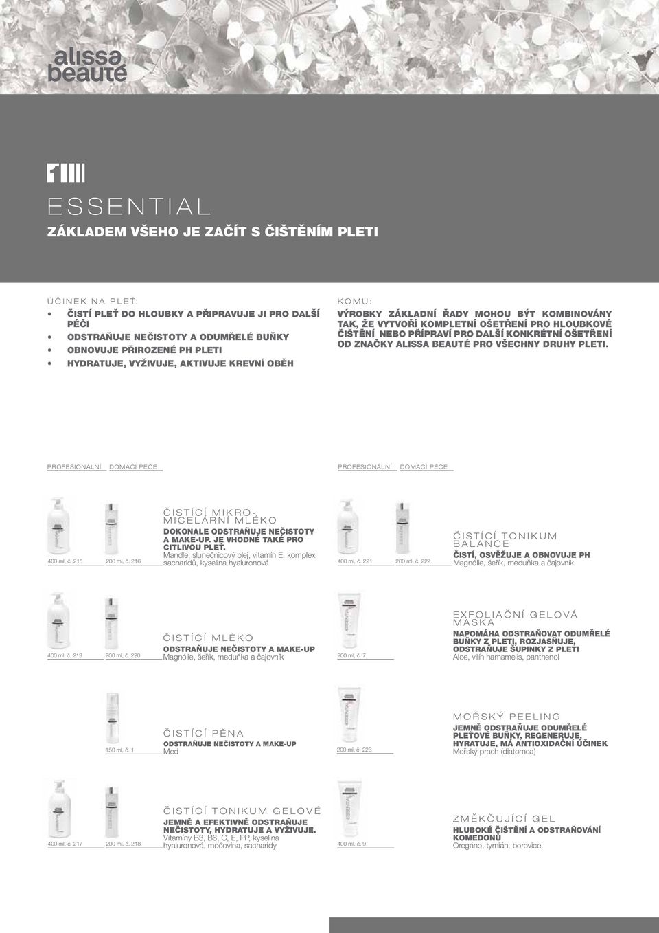 PRO VŠECHNY DRUHY PLETI. 400 ml, č. 215 200 ml, č. 216 ČISTÍCÍ MIKRO- MICELÁRNÍ MLÉKO DOKONALE ODSTRAŇUJE NEČISTOTY A MAKE-UP. JE VHODNÉ TAKÉ PRO CITLIVOU PLEŤ.