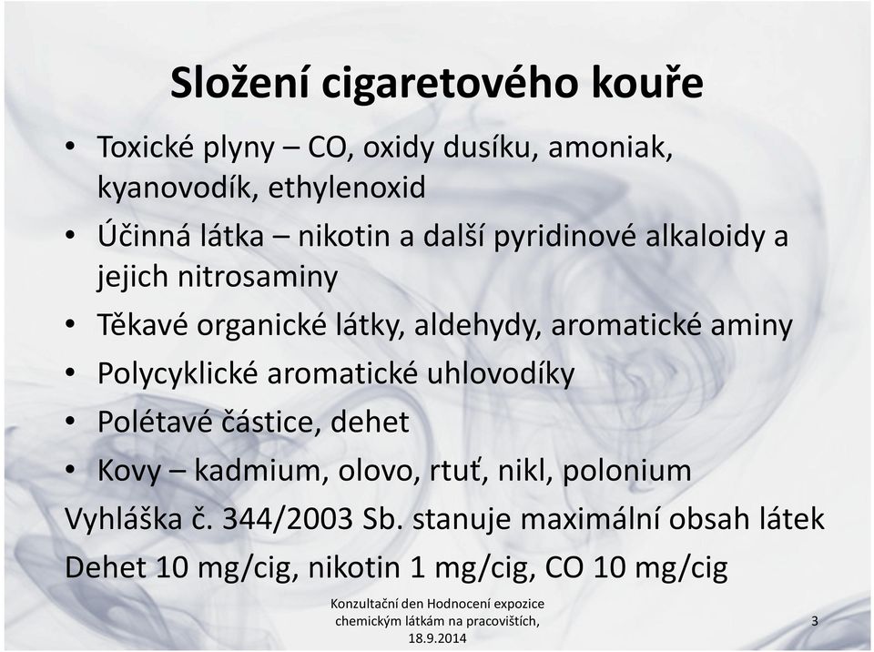 aminy Polycyklické aromatické uhlovodíky Polétavé částice, dehet Kovy kadmium, olovo, rtuť, nikl,