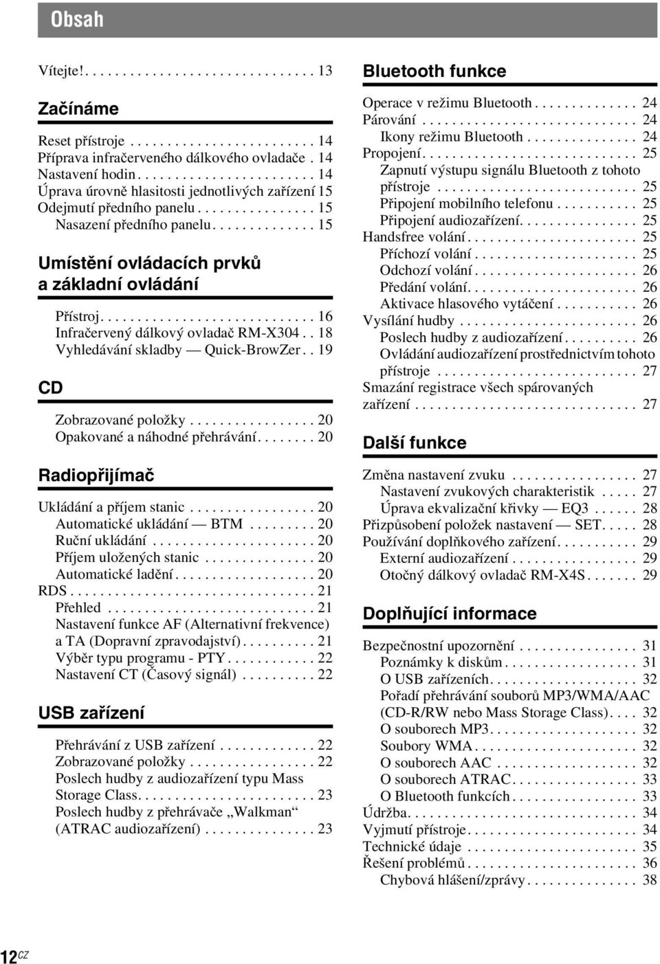 ..20 Opakované a náhodné přehrávání...20 Radiopřijímač Ukládání a příjemstanic...20 Automatickéukládání BTM...20 Ručníukládání...20 Příjemuloženýchstanic...20 Automatické ladění...20 RDS...21 Přehled.