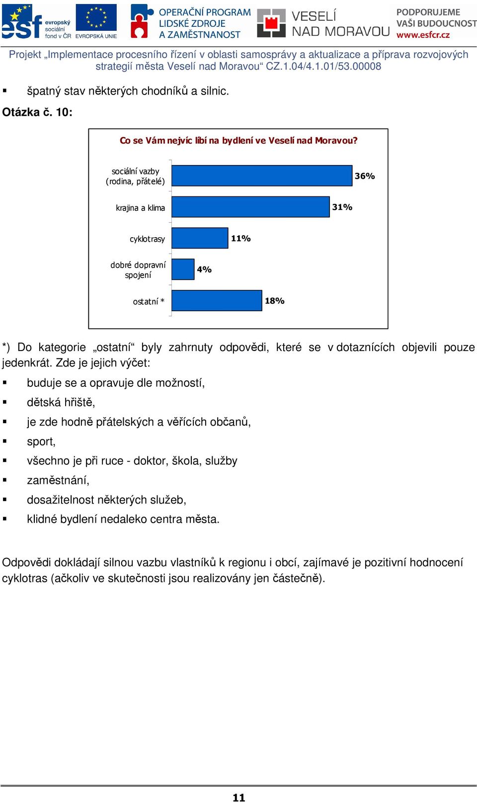 sociální vazby (rodina, přátelé) 3 krajina a klima 31% cyklotrasy 11% dobré dopravní spojení 4% ostatní * 18% *) Do kategorie ostatní byly zahrnuty odpovědi, které se v dotaznících objevili pouze