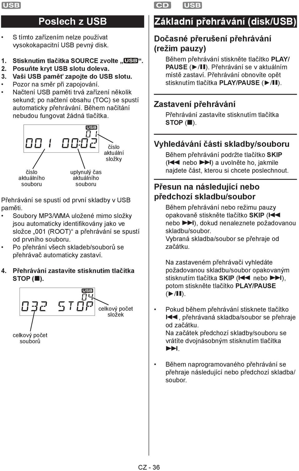 Základní přehrávání (disk/usb) Dočasné přerušení přehrávání (režim pauzy) Během přehrávání stiskněte tlačítko PLAY/ PAUSE ( / ). Přehrávání se v aktuálním místě zastaví.