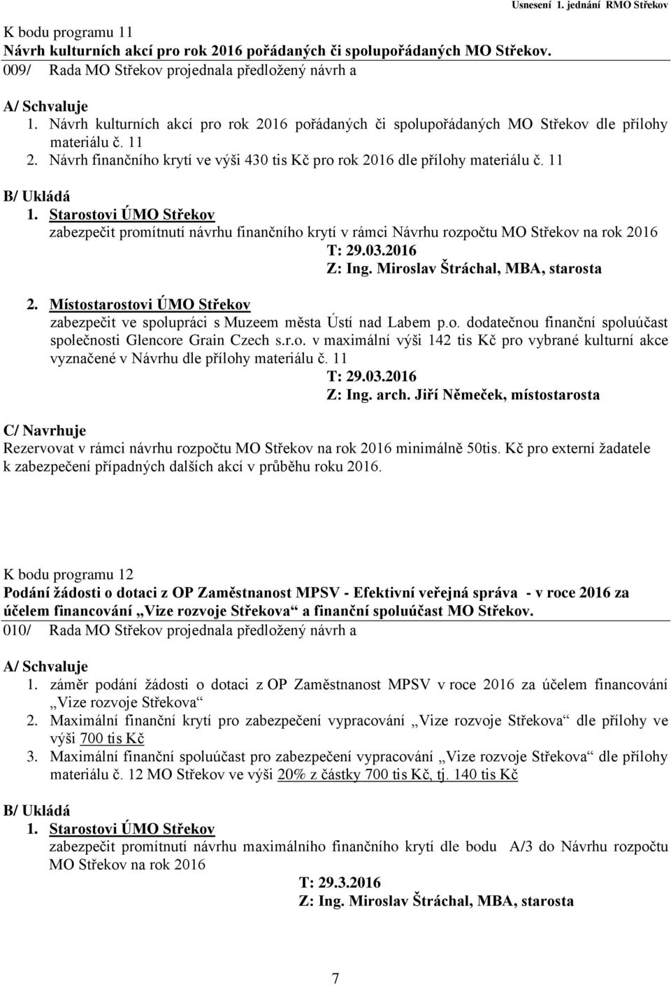 11 B/ Ukládá 1. Starostovi ÚMO Střekov zabezpečit promítnutí návrhu finančního krytí v rámci Návrhu rozpočtu MO Střekov na rok 2016 T: 29.03.2016 Z: Ing. Miroslav Štráchal, MBA, starosta 2.