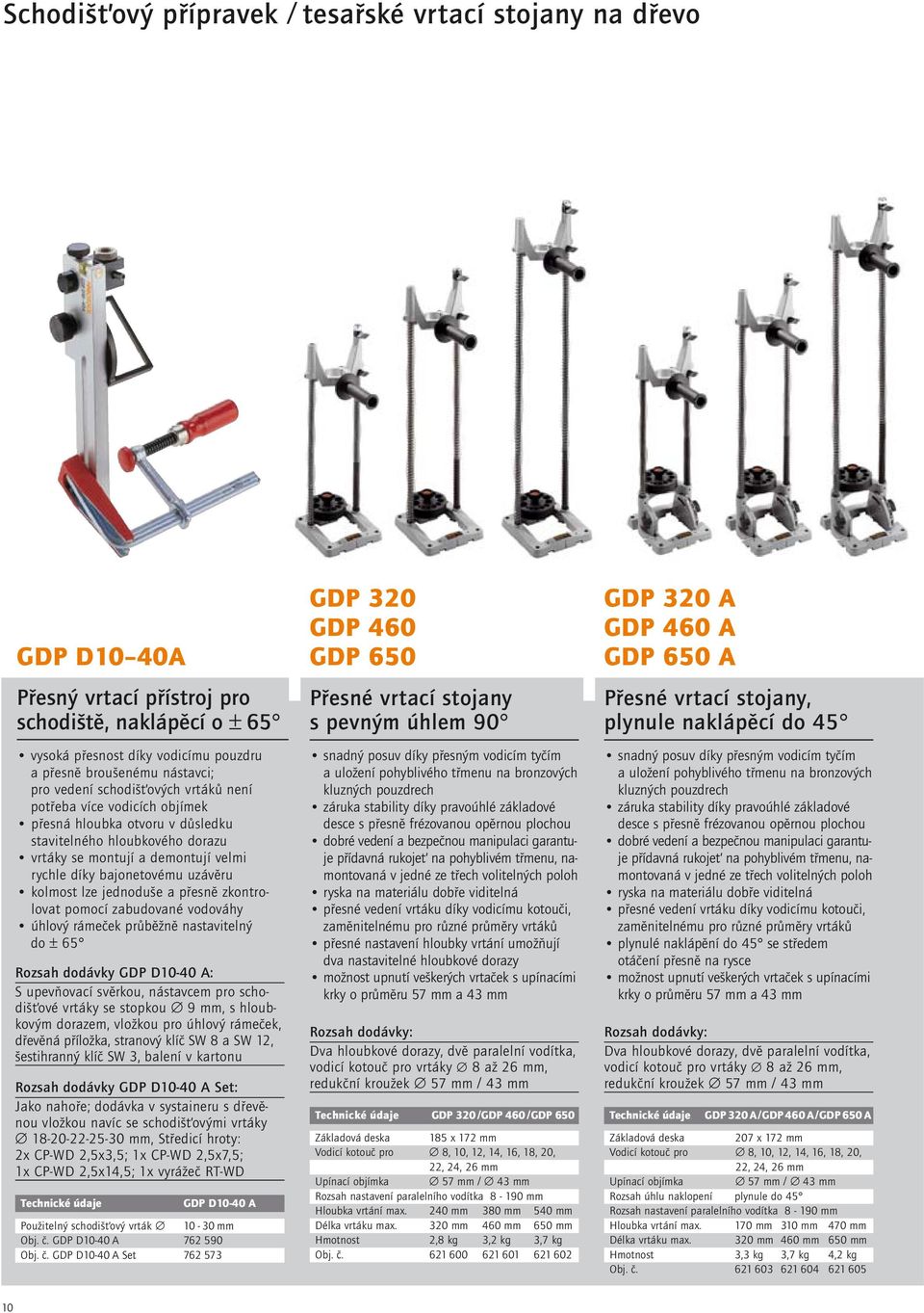 kolmost lze jednodu e a pfiesnû zkontrolovat pomocí zabudované vodováhy úhlov rámeãek prûbûïnû nastaviteln do ± 65 Rozsah dodávky GDP D10-40 A: S upevàovací svûrkou, nástavcem pro schodi Èové vrtáky